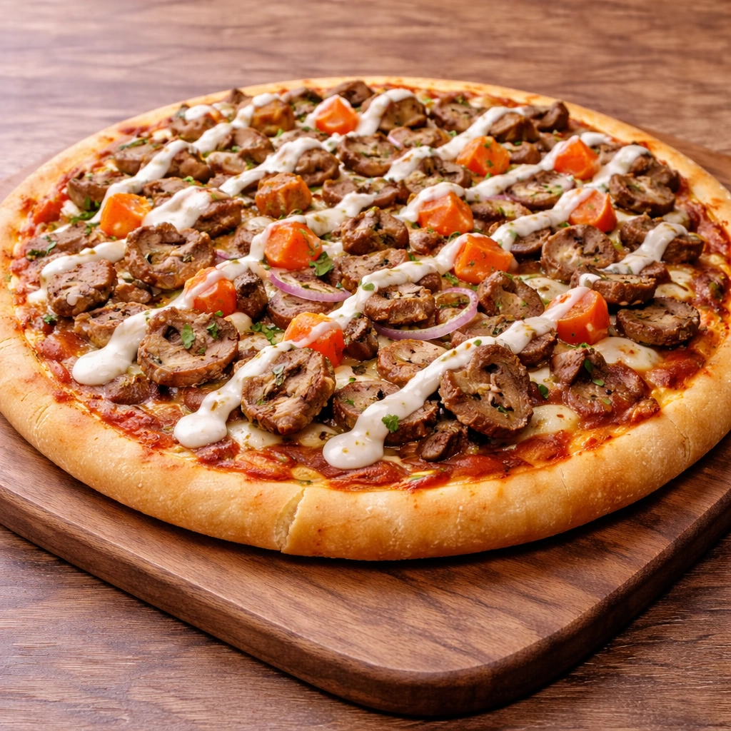 Donair Pizza at Hot Pizza & Donair Calgary — donair meat, onion, tomatoes and signature sauce on fresh handmade dough